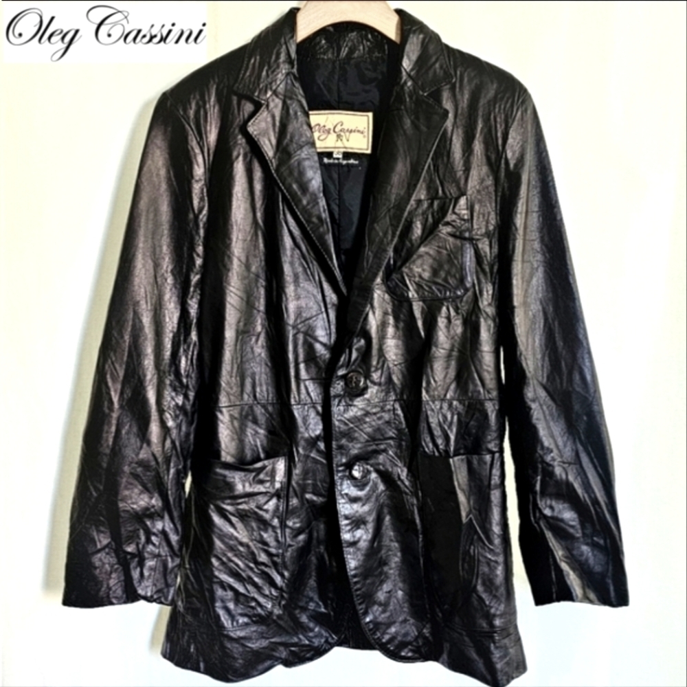 Vintage Oleg Cassini Genuine Leather Black Blazer Jacket - Picture 2 of 16